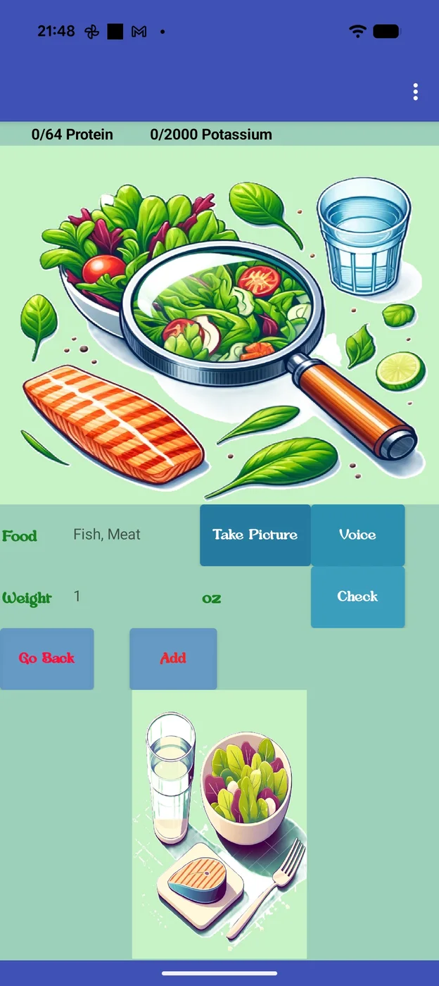 Version 1 Kidney Buddy add-food screen