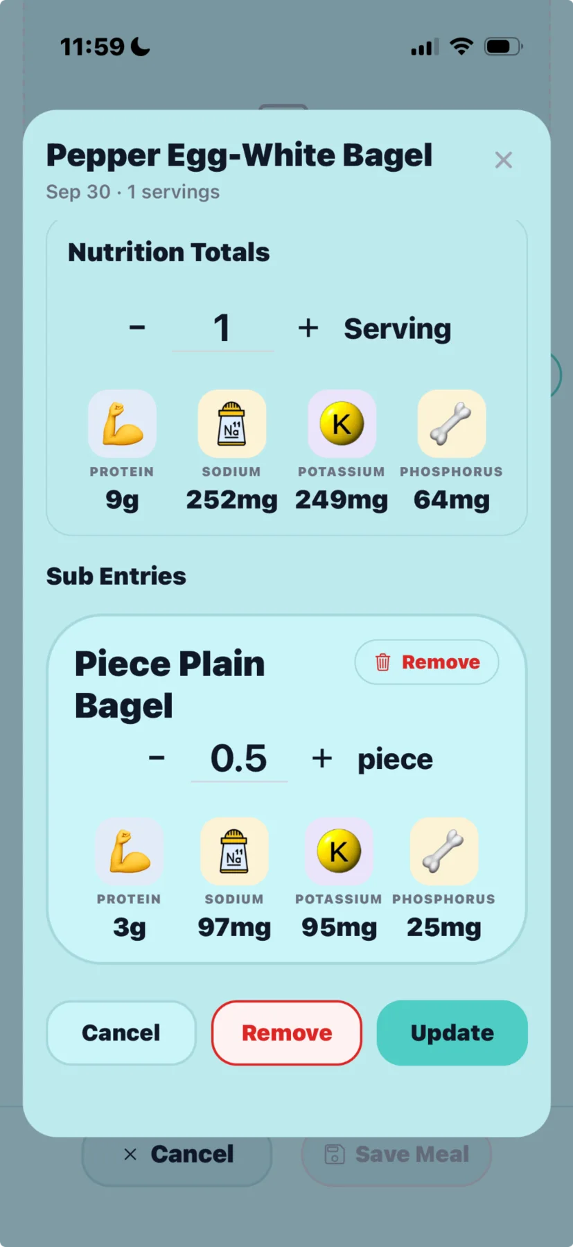 Version 5 Kidney Buddy editable meal entry screen with adjustable servings and sub-entries