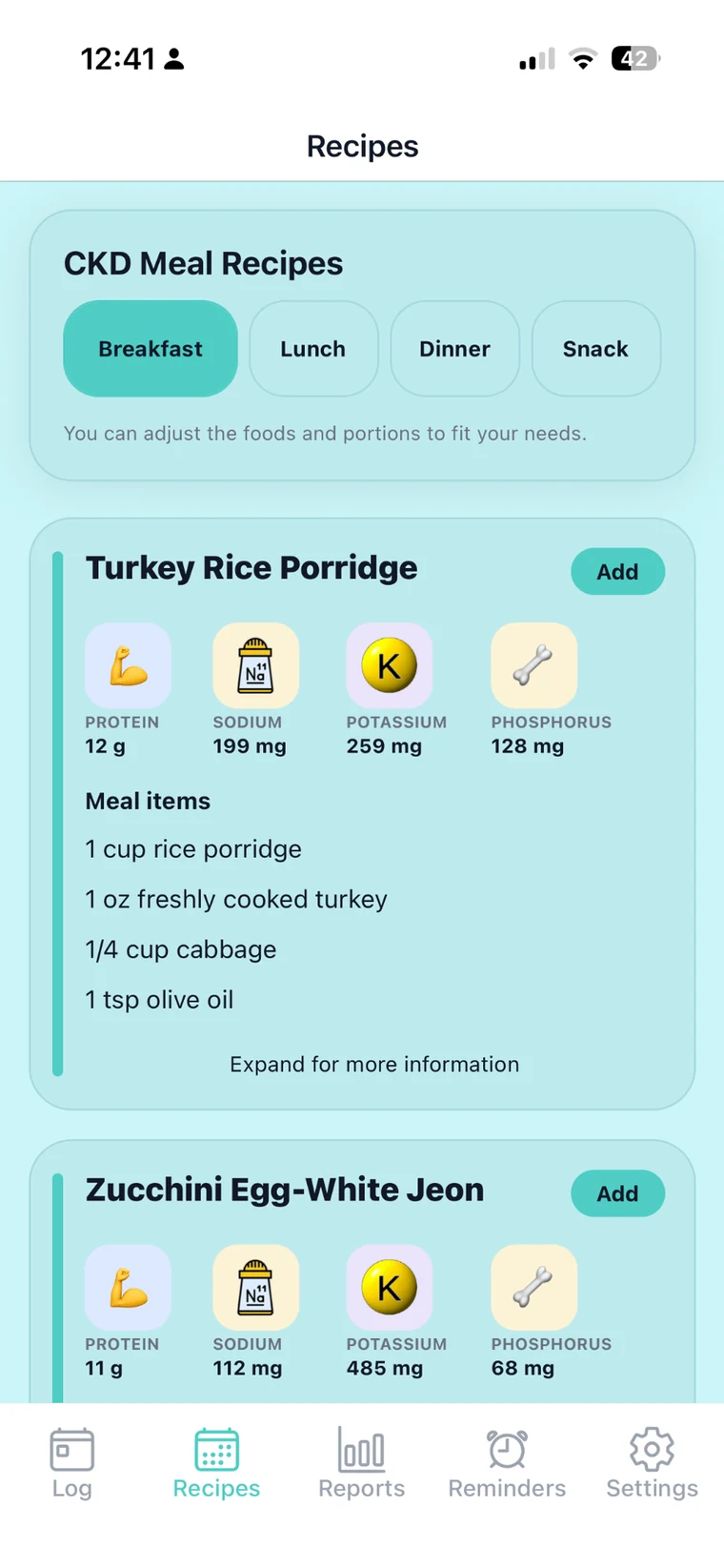 Version 5 Kidney Buddy recipe recommendations screen