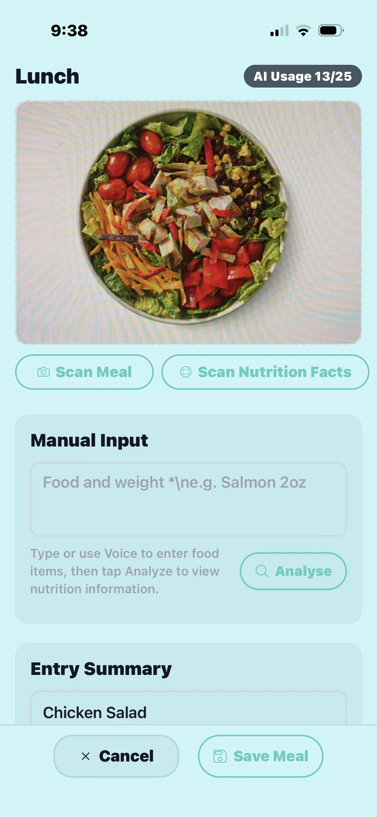 Version 5 Kidney Buddy AI-assisted food scan and manual entry screen