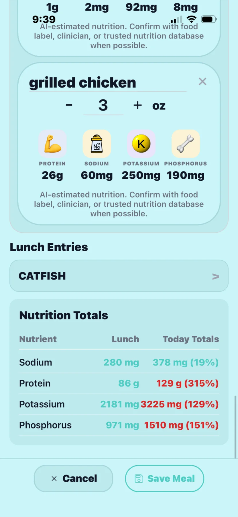 Version 5 Kidney Buddy adjustable serving size and nutrition totals screen