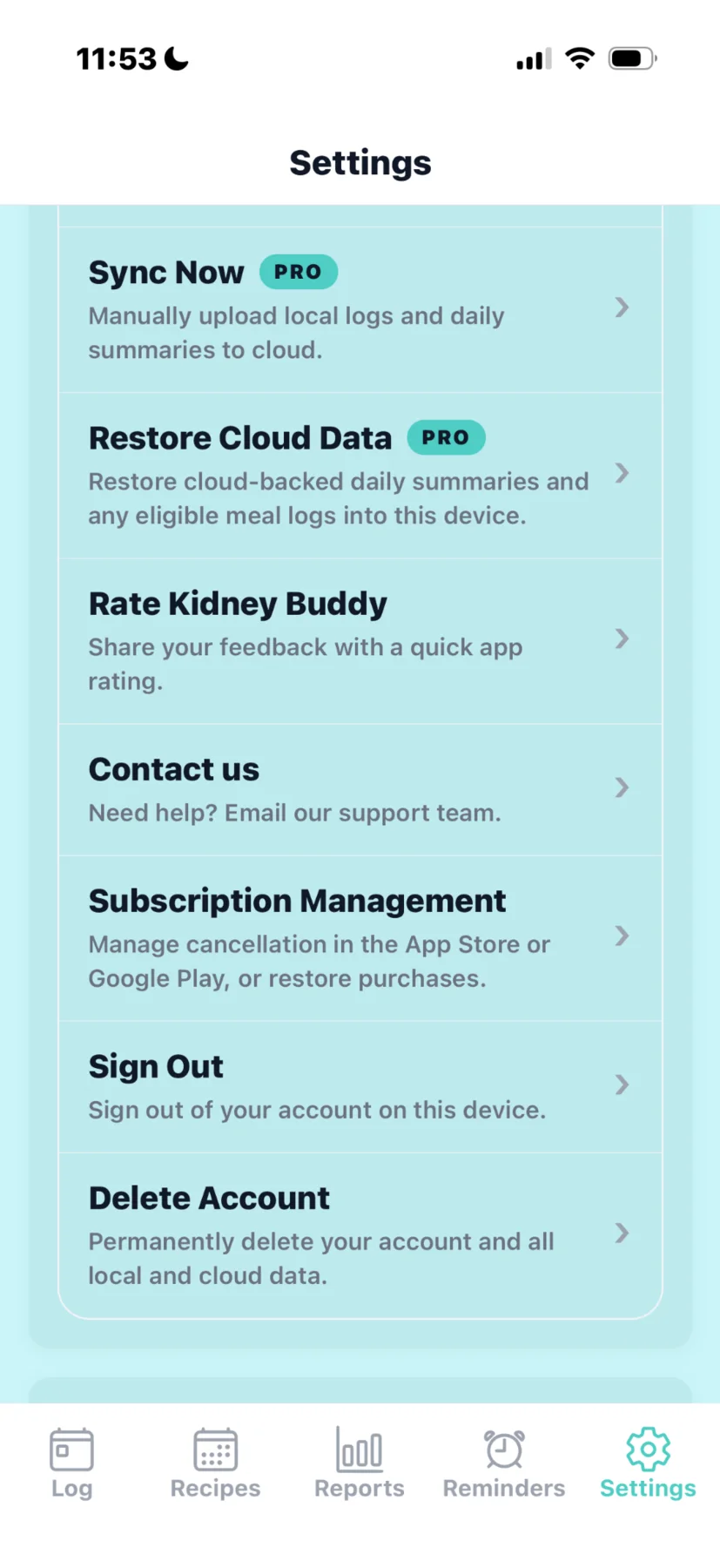 Version 5 Kidney Buddy settings screen showing sync, restore, and subscription management