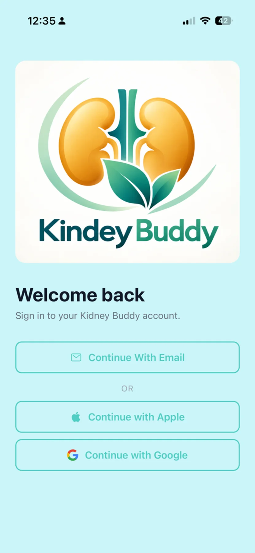 Version 5 Kidney Buddy sign-in screen