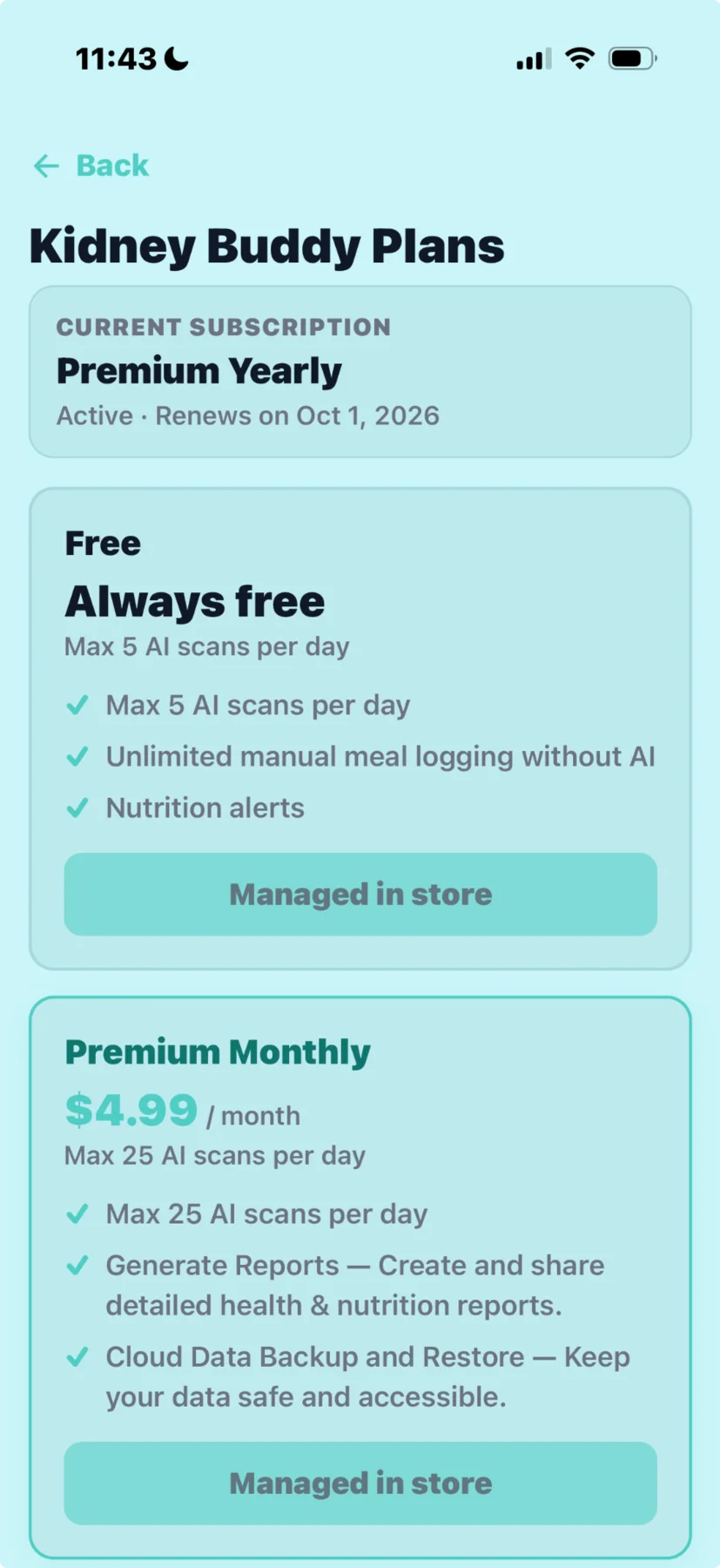 Version 5 Kidney Buddy subscription plans screen